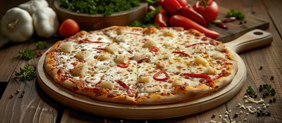 Poster - Italian pizza with cheese and vegetables on a table, displayed in a mouthwatering copy space image.