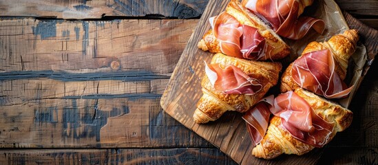 Sticker - Croissant breakfast featuring slices of prosciutto on a rustic wooden backdrop in a top-down view, with available copy space for your text.