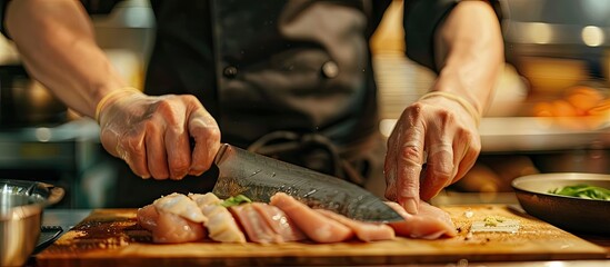 Poster - Chef in a restaurant preparing raw chicken fillet on a wooden cutting board to be sliced for ramen soup, with a knife, in a kitchen with copy space image.