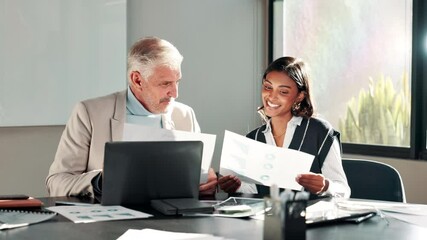 Aufkleber - Business people, meeting and documents for planning, conversation and charts for financial income. Teamwork, consultant and broker with report, review and cooperation with support, pc and proposal