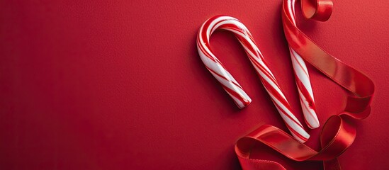 Aufkleber - Christmas theme with candy cane and red ribbon on red backdrop, arranged for a flat lay composition with copy space image.