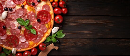 Canvas Print - Pizza with salami, sausages, tomato sauce, cheese, and meat on a food background, seen from the top with copy space image.