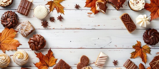 Aufkleber - Top view of an array of classic autumn sweets on a white wooden backdrop, forming a side border with room for text or images.