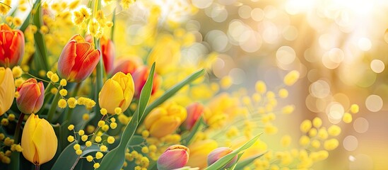 Sticker - Yellow mimosa flowers complement the vibrant tulips in an Easter-themed nature setting with a lovely copy space image.