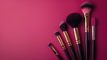 Wall Mural - Professional makeup brush set on pink and dark backdrop with black and gold tools Beauty concept with copy space