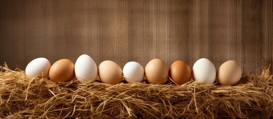 Sticker - A rural scene of whole brown and white eggs arranged on a hay bale against a barn wall backdrop, perfect for a copy space image.