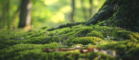 Poster - Close up image showing moss and branches on a European forest ground, with copy space image.
