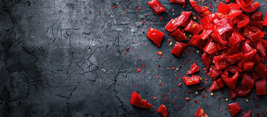Poster - Close-up of red pepper pieces on a dark backdrop, with empty space for additional images.