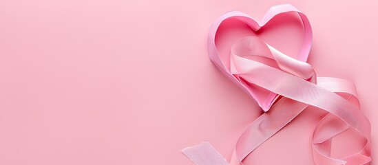 Poster - Valentine's Day card with a pink heart ribbon on a pink paper backdrop with a copy space image.