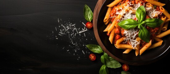 Aufkleber - Top view of a penne pasta dish with tomato sauce, parmesan cheese, and basil on a dark backdrop, featuring copy space image.