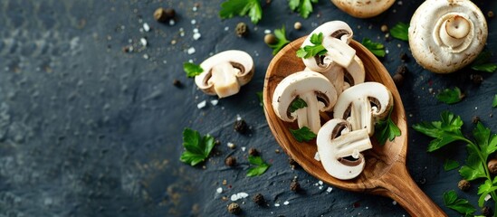 Poster - Wooden spoon holding fresh champignon slices with parsley, perfect for cooking delightful dishes with white mushrooms. Ideal for a copy space image.