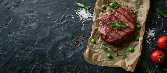 Aufkleber - A beef tenderloin on parchment is showcased on a dark stone backdrop with scattered salt, pepper, and peas, creating a captivating composition with copy space image.