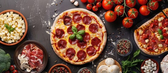 Poster - Italian pizza with assorted toppings like meats, veggies, and cheese for all seasons displayed on a dark stone table in a top view setup ideal for a copy space image.