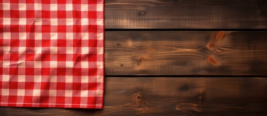 Sticker - Wooden table backdrop with checkered napkin, suitable for promoting pizza and food items with copy space image.