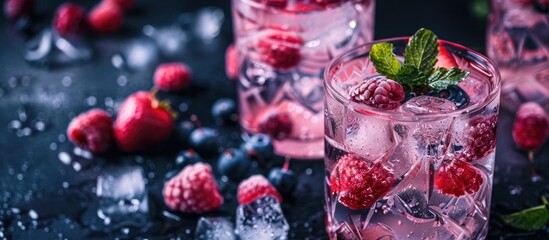 Poster - Close-up shot of a summer beverage with berries and ice cubes on a table, ideal for a copy space image.