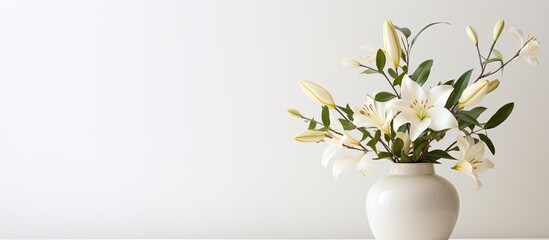 Poster - White flowers in a vase with copy space image on a white backdrop.