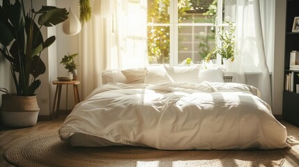 Poster - Comfortable duvet on king size bed in spacious modern bedroom with morning light from window