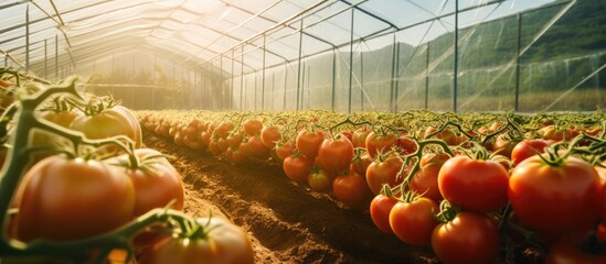 Poster - Scenic view of a tomato field in a greenhouse setting with copy space image.