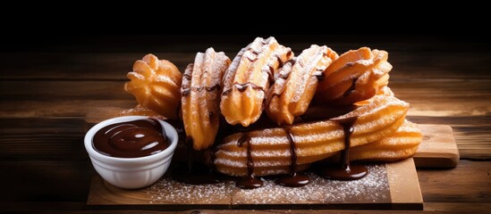 Poster - Top view of churros drizzled with chocolate sauce and sugar on a rustic wooden surface, with space for additional images.