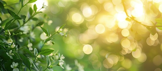 Poster - Green blurred background with a yellow tint featuring bokeh circles surrounding wildflowers and leaves, ideal for copy space image.