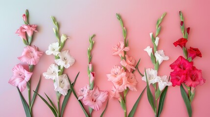 Sticker - Beautiful gladiolus flowers arranged on a colored background in a flat lay composition