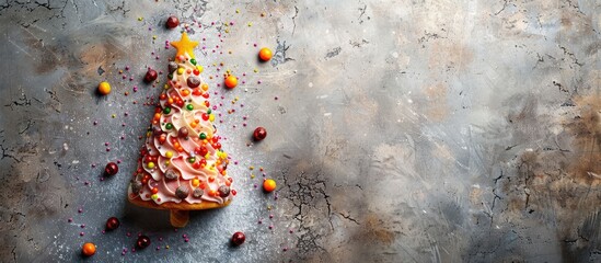 Aufkleber - Christmas tree cone-shaped dessert displayed on a concrete background with room for text or other design elements, creating a festive and delicious New Year's concept.