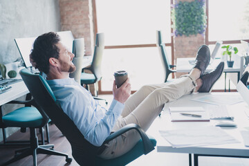 Sticker - Full size photo of successful elegant man sit chair legs desk wear shirt loft interior modern office indoors