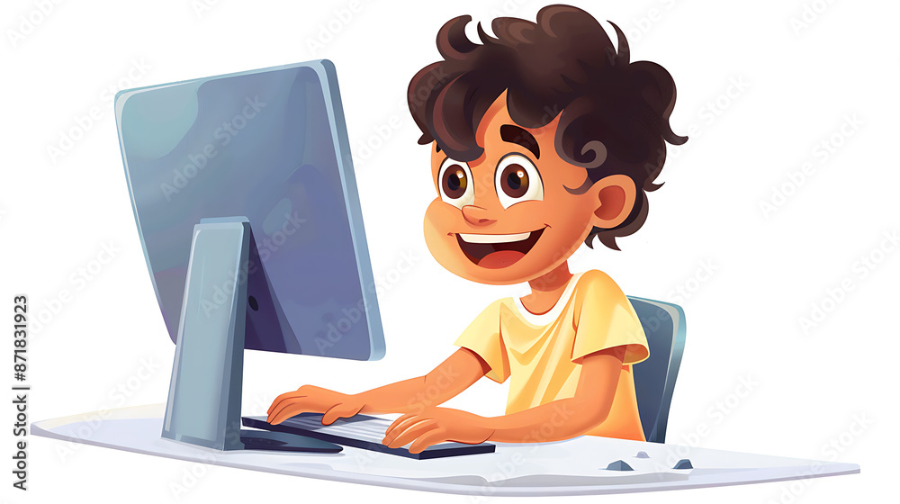 Kid Using Computer Animation A young child intently using a computer, concentrating on the screen ...