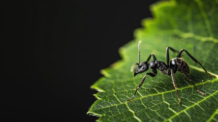 Poster - Close up of ant on green leaf with black background and space for text