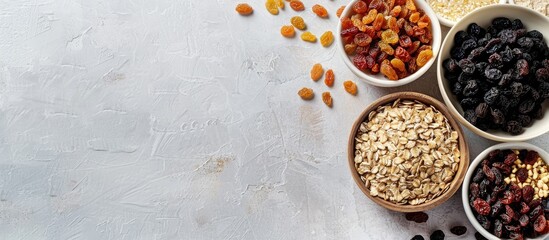 Aufkleber - Breakfast idea with raisins, oats, and candied fruit ingredients displayed on a copy space image.