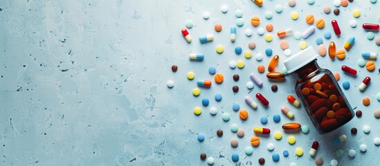 Aufkleber - Colorful tablets and capsules scattered from a pill bottle in a top view, showcasing an arrangement with copy space image.