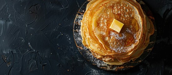Poster - Top view of a stack of crepes with butter on a marble board against a black background, featuring copy space image.