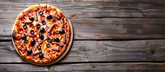 Poster - Top view of a delicious pizza topped with olives and sausages on a wooden table with copy space image.
