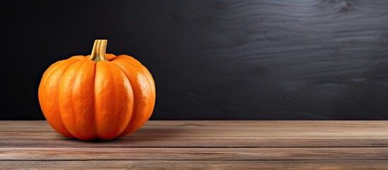 Poster - Seasonal pumpkin displayed on a wooden table against a dark background, with copy space image.