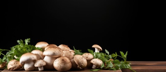 Poster - Rustic-style setup featuring fresh champignon mushrooms on a wooden board against a black background, leaving room for text in the copy space image.