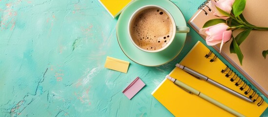 Poster - Light background with potential for text featuring notebooks, pens, sticky notes, and a cup of coffee for a copy space image.