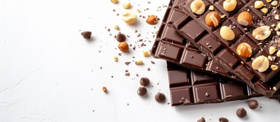 Poster - Black and milk chocolate bars with hazelnuts isolated on white, giving prominence to the product with copy space image.