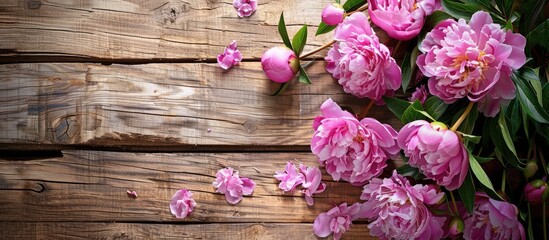 Poster - Peonies in pink bloom on a rustic wooden table, ideal for a copy space image.