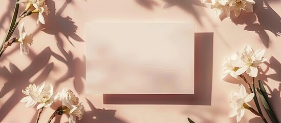 Aufkleber - Top view close-up of a blank card mockup against a soft pastel backdrop, adorned with shadows of narcissus flowers, providing ample space for text or images.