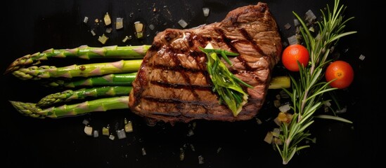 Poster - Top view of a succulent grilled fillet mignon steak served with roasted asparagus on a black background, creating ample copy space for text or designs.