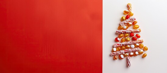 Aufkleber - Celebrate Christmas with a Christmas tree made of caramel canes against a red and white background, featuring a copy space image for a festive holiday concept.