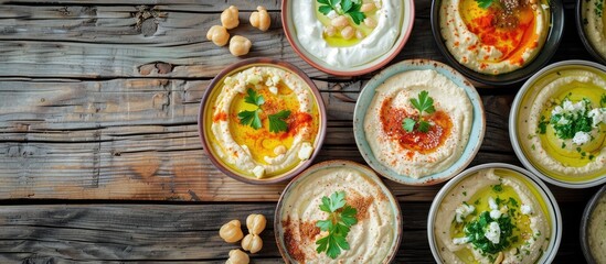Aufkleber - Various delectable hummus varieties presented on a wooden surface in a flat lay composition, featuring copy space for text.