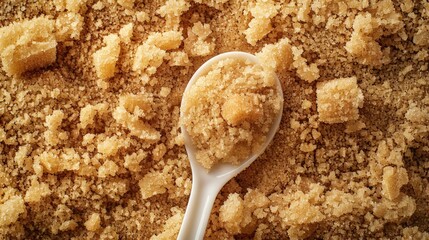 Overhead view of raw brown sugar lumps and white spoon on bed of turbinado sugar