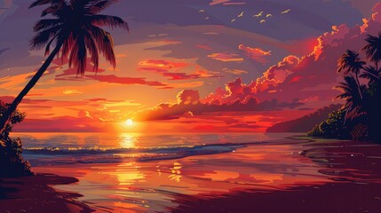 A vibrant sunset over a tropical beach, ample space for text in the sky.