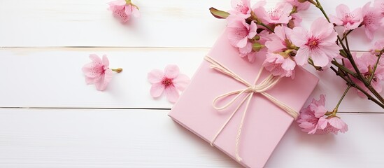 Aufkleber - Spring photography of lovely pink notebooks, flowers, a gift, and clothespins on a white wooden backdrop with copy space image.