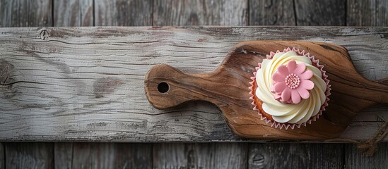 Poster - Beautifully decorated homemade flower cupcake displayed on a wooden cutting board for various occasions with a grey wooden background, focusing on a blank area for text or images.