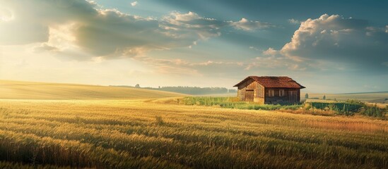 Poster - Countryside hut amidst vast farmland with copy space image.