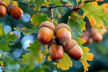 Acorns fruits on oak tree branch in forest. Closeup acorns oak nut tree on green background. Early autumn beginning acorns macro on branch leaves in nature oak forest.