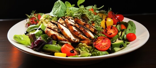 Aufkleber - An appetizing salad with diverse colors and grilled chicken crowns a white plate with ample copy space image.