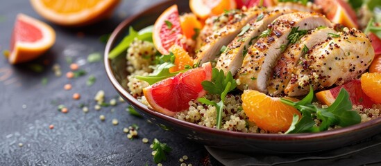 Sticker - Healthy gourmet meal featuring quinoa with chicken fillet, orange, grapefruit, and fresh salad leaves, presented in a tantalizing copy space image.